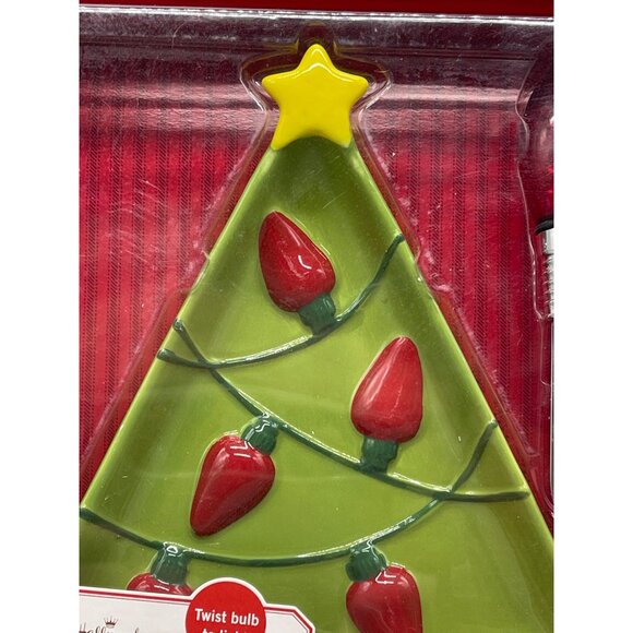 Hallmark serving dish with lighted spreader tree star green red glass READ NEW - Picture 3 of 5